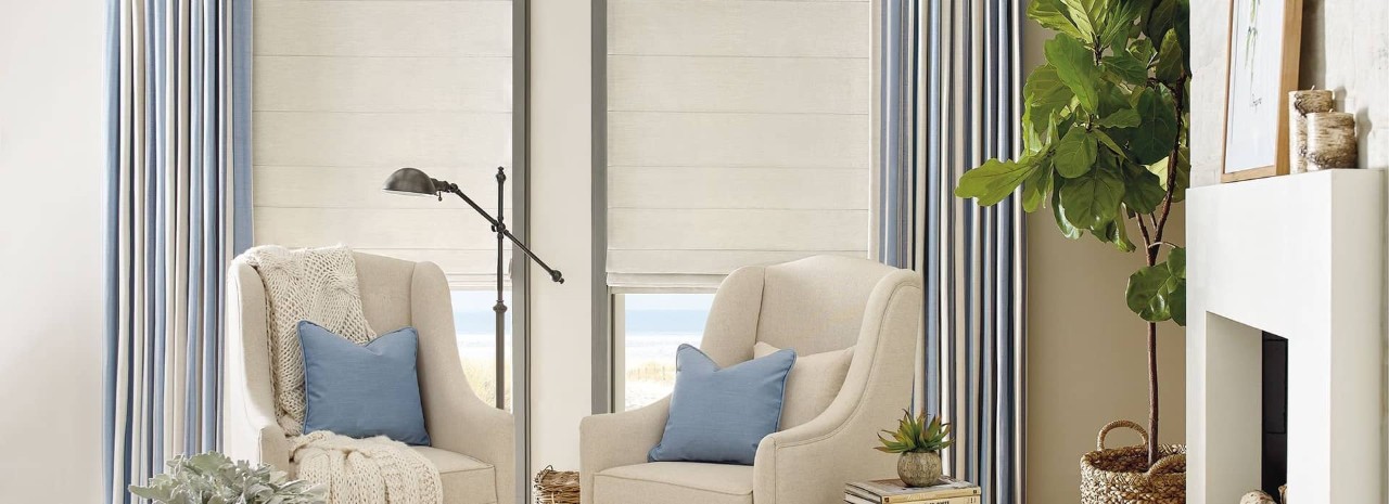 Hunter Douglas neutral tones, window treatments, Roman shades near Bloomington, Illinois (IL).