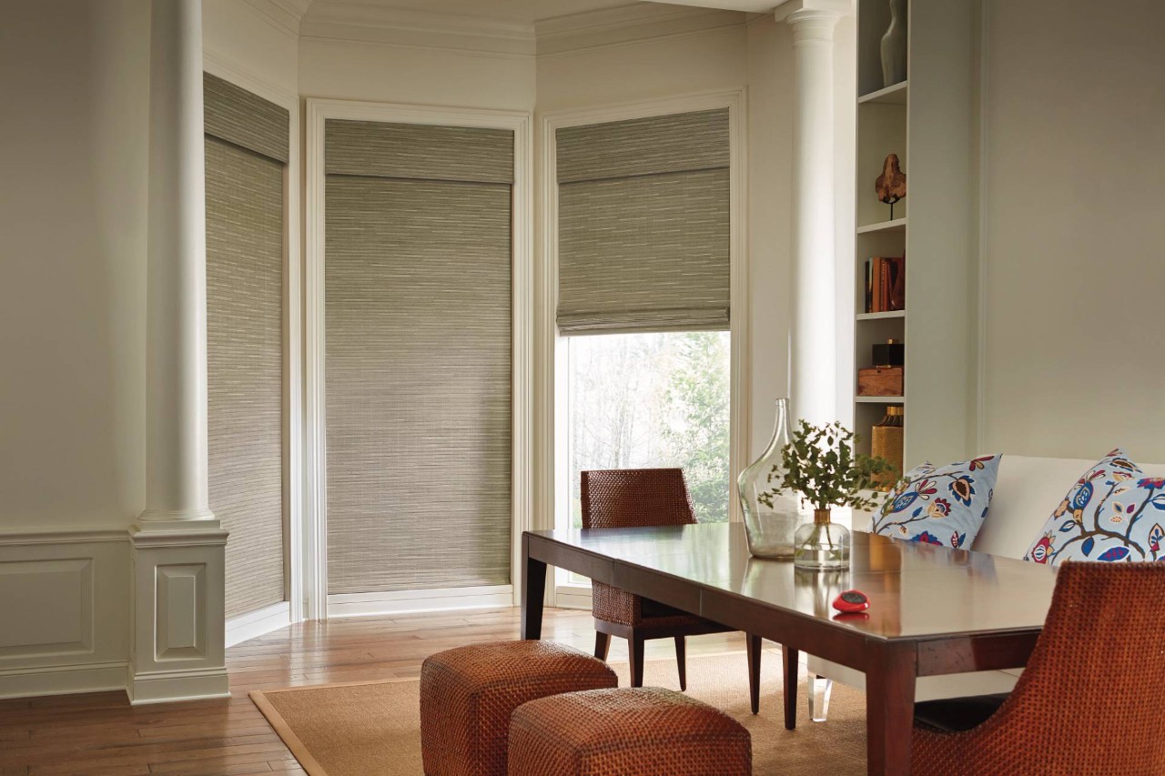 Woven Wood Shades, Hunter Douglas Provenance® Woven Wood Shades in a dining room bay window near Bloomington, IL