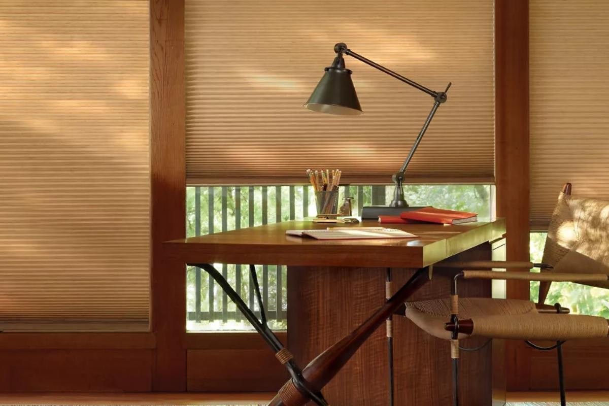 Hunter Douglas Duette® Honeycomb Cellular Shades in a home office setting near Bloomington, Illinois (IL)