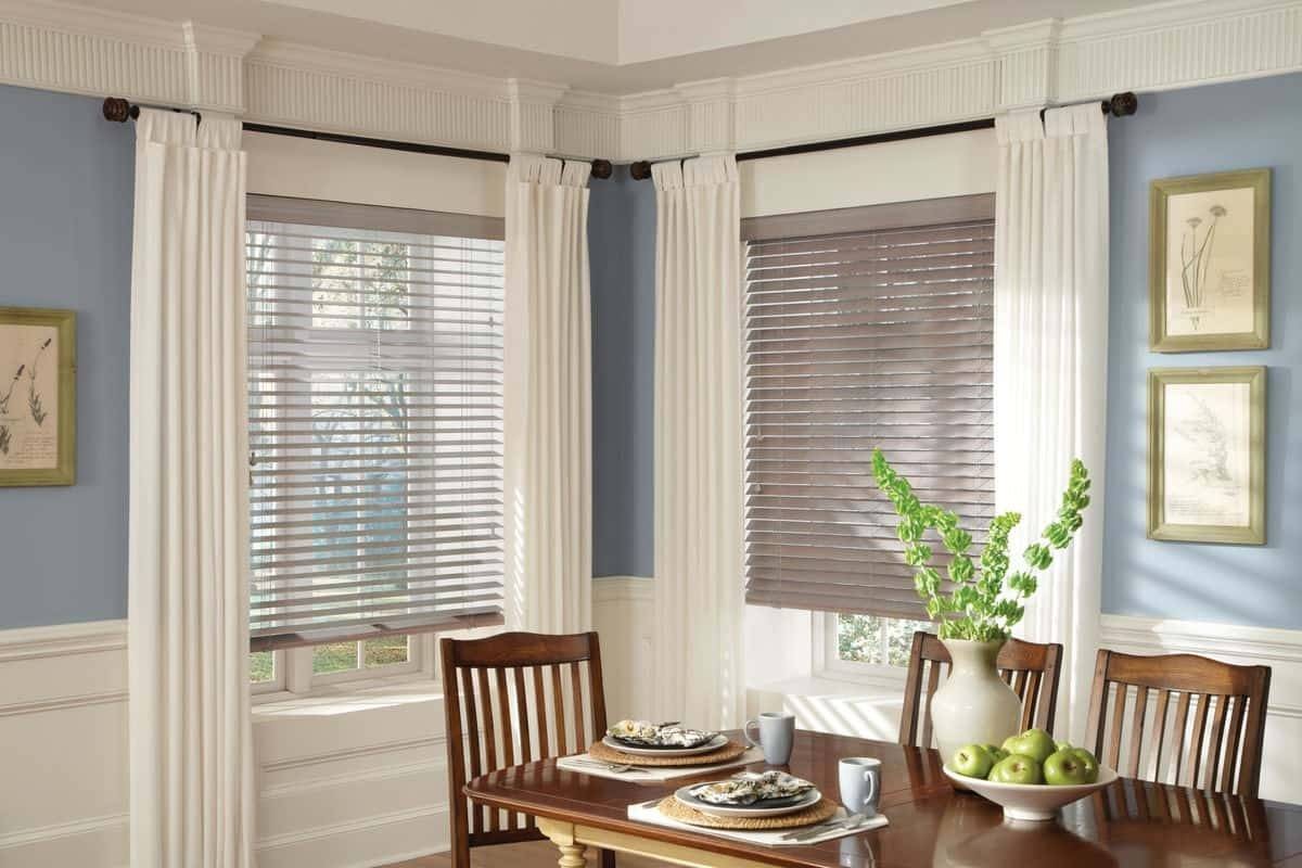 Hunter Douglas Modern Precious Metals® Mini Blinds with drapes near Bloomington, Illinois (IL)